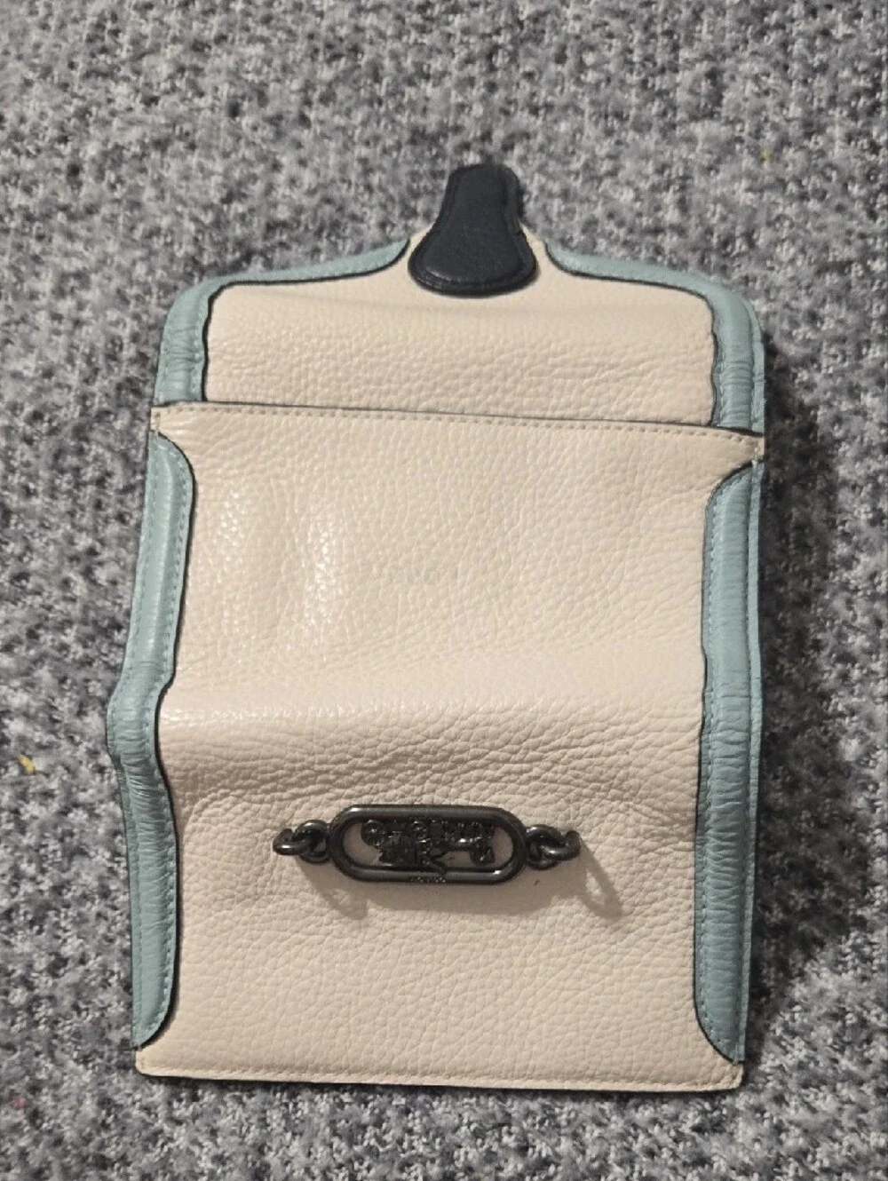 Coach Cream Pebbled Leather Wallet with Light Blue Trim and Navy Hardware